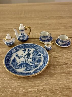 Porcelain Blue and White Miniature Tea Set with Gold Trim